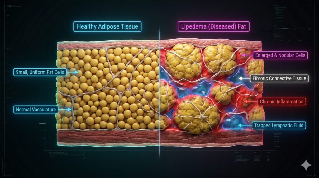 Diferença anatômica e inflamação celular nas pernas causadas pelo Lipedema.