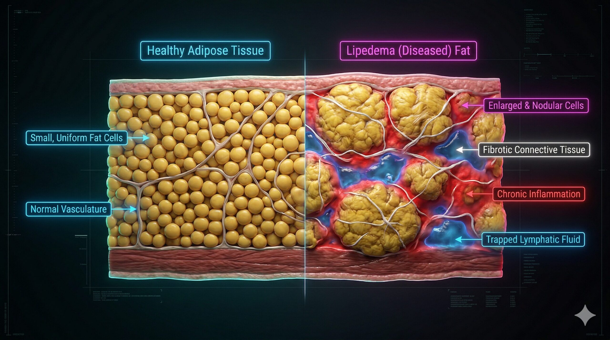 Diferença anatômica e inflamação celular nas pernas causadas pelo Lipedema.